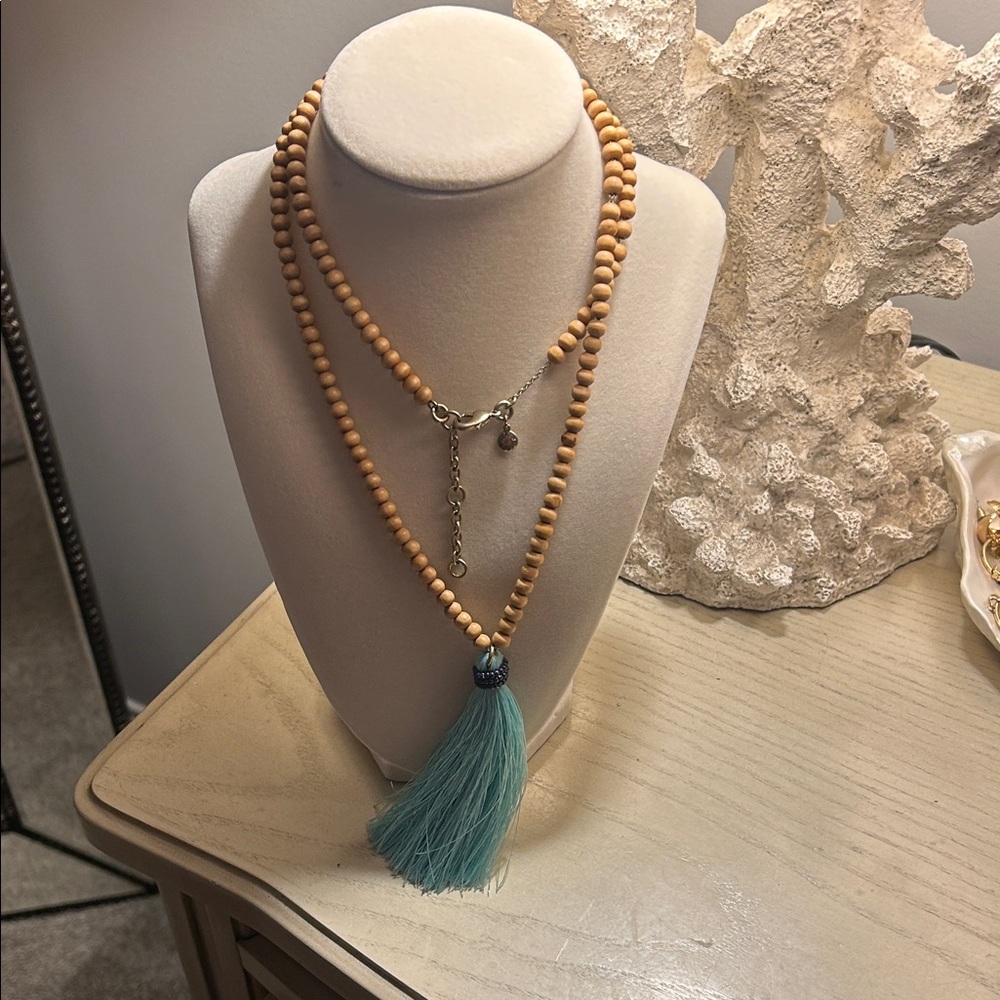 J. Crew Wooden Bead Necklace with Teal Tassel